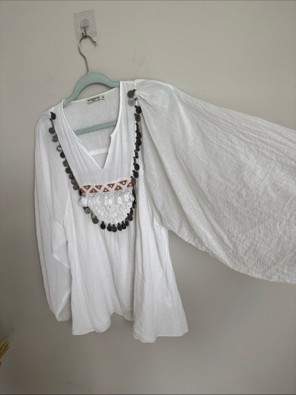 Mes Demoiselles Paris Ania White  Boho Peasant Blouse Coin Embellished Size 38 - Picture 9 of 13